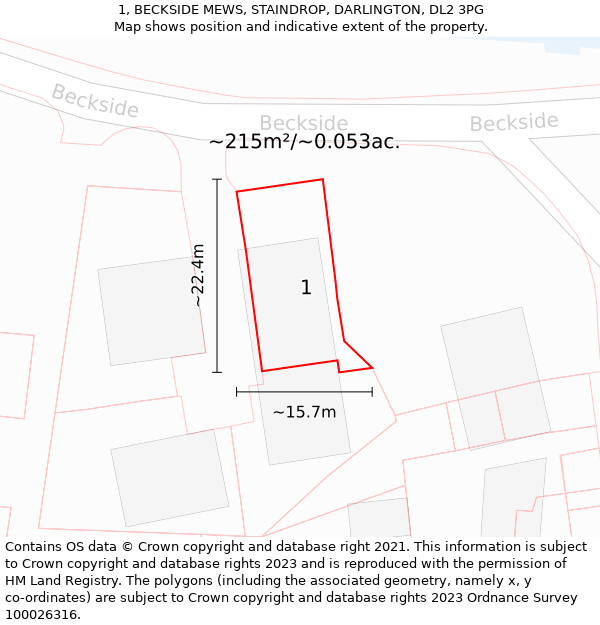 1, BECKSIDE MEWS, STAINDROP, DARLINGTON, DL2 3PG: Plot and title map