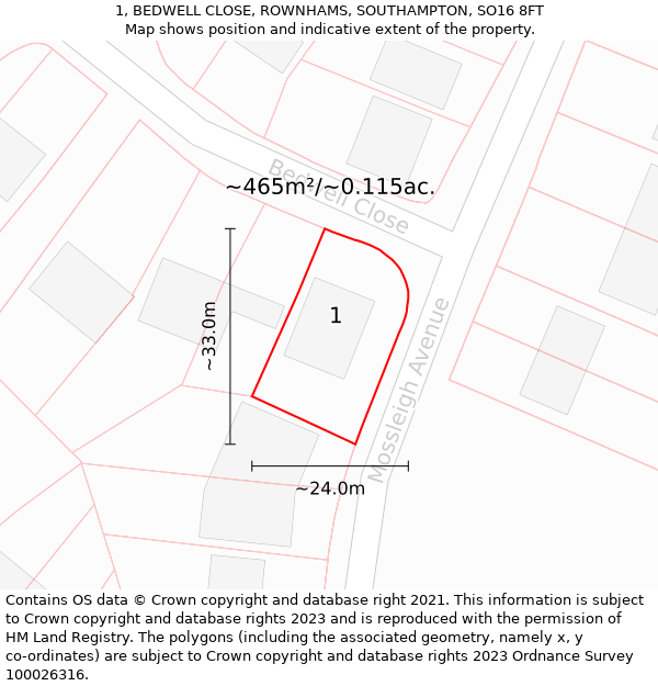 1, BEDWELL CLOSE, ROWNHAMS, SOUTHAMPTON, SO16 8FT: Plot and title map