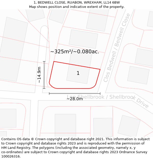 1, BEDWELL CLOSE, RUABON, WREXHAM, LL14 6BW: Plot and title map