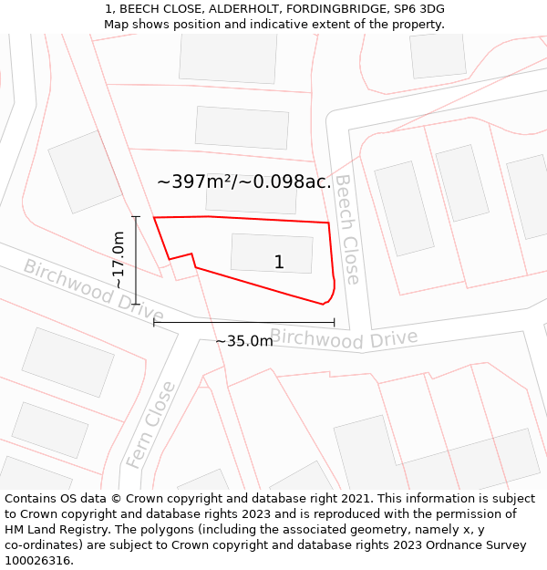 1, BEECH CLOSE, ALDERHOLT, FORDINGBRIDGE, SP6 3DG: Plot and title map