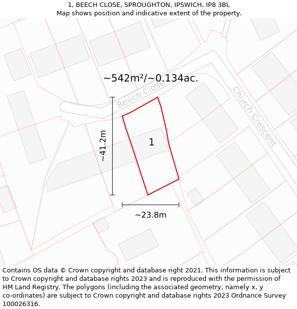 1, BEECH CLOSE, SPROUGHTON, IPSWICH, IP8 3BL: Plot and title map