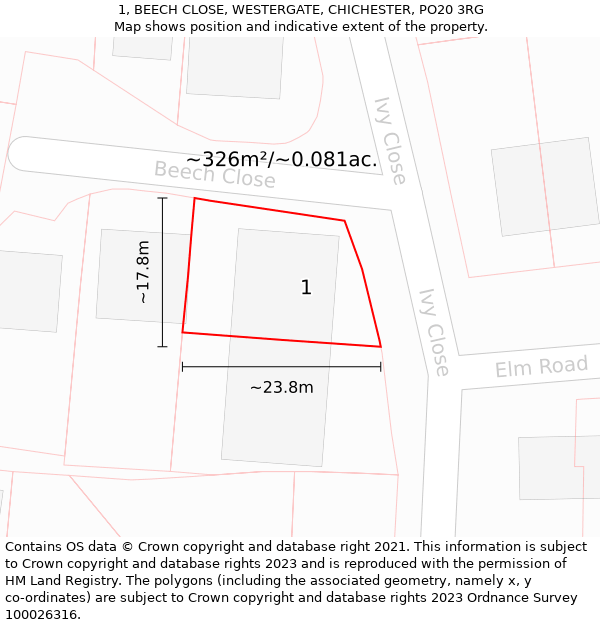 1, BEECH CLOSE, WESTERGATE, CHICHESTER, PO20 3RG: Plot and title map