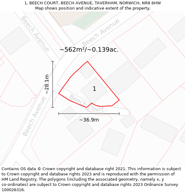 1, BEECH COURT, BEECH AVENUE, TAVERHAM, NORWICH, NR8 6HW: Plot and title map