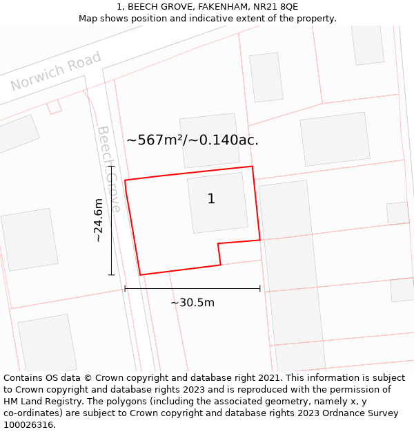 1, BEECH GROVE, FAKENHAM, NR21 8QE: Plot and title map
