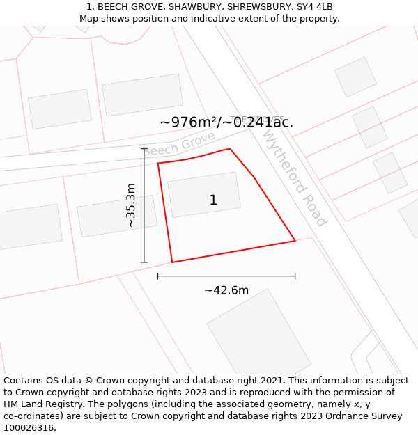 1, BEECH GROVE, SHAWBURY, SHREWSBURY, SY4 4LB: Plot and title map