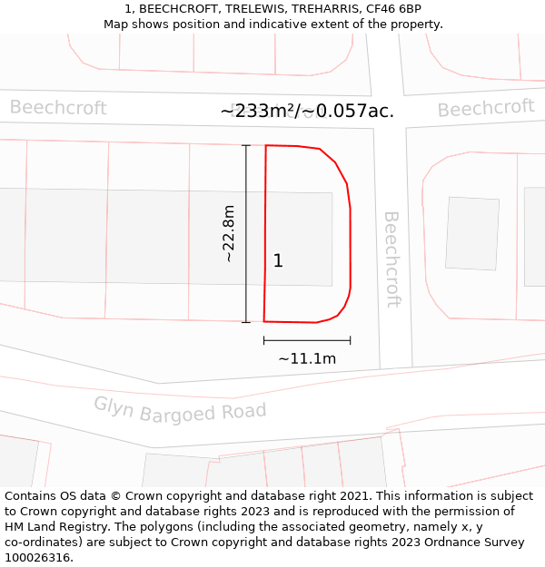 1, BEECHCROFT, TRELEWIS, TREHARRIS, CF46 6BP: Plot and title map