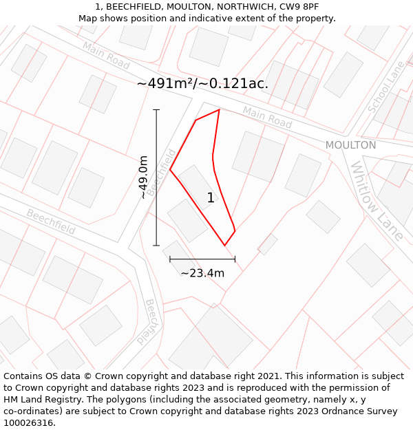 1, BEECHFIELD, MOULTON, NORTHWICH, CW9 8PF: Plot and title map