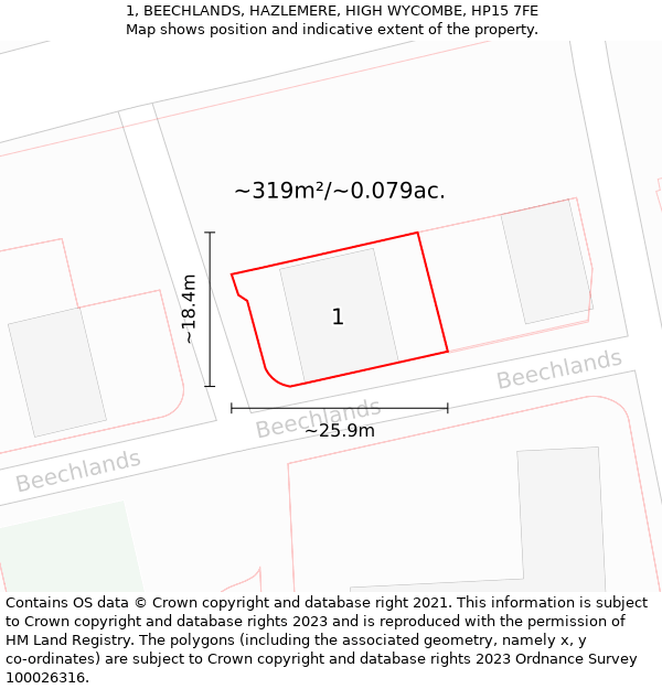 1, BEECHLANDS, HAZLEMERE, HIGH WYCOMBE, HP15 7FE: Plot and title map