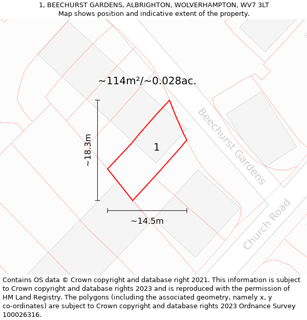 1, BEECHURST GARDENS, ALBRIGHTON, WOLVERHAMPTON, WV7 3LT: Plot and title map