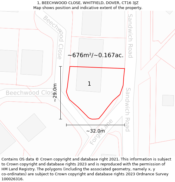 1, BEECHWOOD CLOSE, WHITFIELD, DOVER, CT16 3JZ: Plot and title map