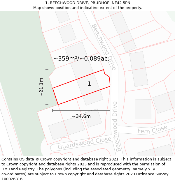 1, BEECHWOOD DRIVE, PRUDHOE, NE42 5PN: Plot and title map