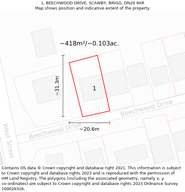 1, BEECHWOOD DRIVE, SCAWBY, BRIGG, DN20 9AR: Plot and title map