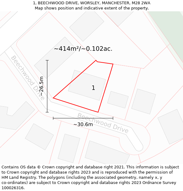 1, BEECHWOOD DRIVE, WORSLEY, MANCHESTER, M28 2WA: Plot and title map