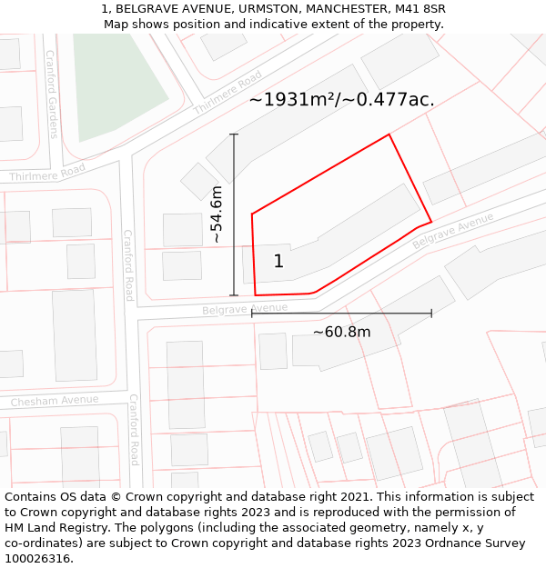 1, BELGRAVE AVENUE, URMSTON, MANCHESTER, M41 8SR: Plot and title map