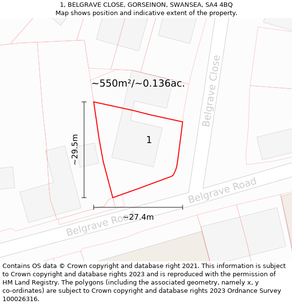 1, BELGRAVE CLOSE, GORSEINON, SWANSEA, SA4 4BQ: Plot and title map