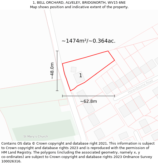 1, BELL ORCHARD, ALVELEY, BRIDGNORTH, WV15 6NE: Plot and title map