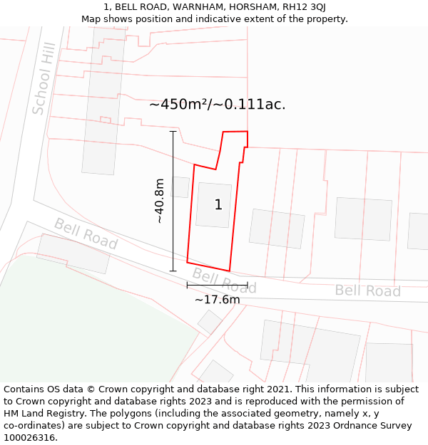 1, BELL ROAD, WARNHAM, HORSHAM, RH12 3QJ: Plot and title map