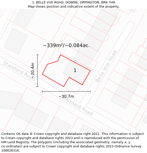 1, BELLE VUE ROAD, DOWNE, ORPINGTON, BR6 7HR: Plot and title map