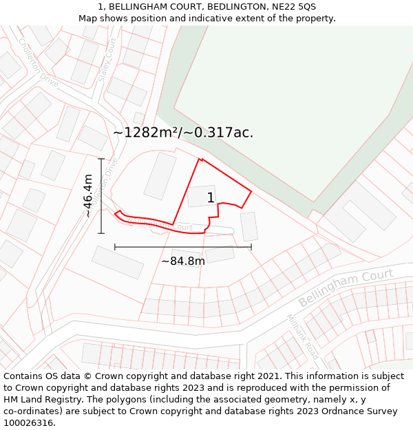 1, BELLINGHAM COURT, BEDLINGTON, NE22 5QS: Plot and title map