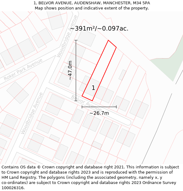 1, BELVOR AVENUE, AUDENSHAW, MANCHESTER, M34 5PA: Plot and title map