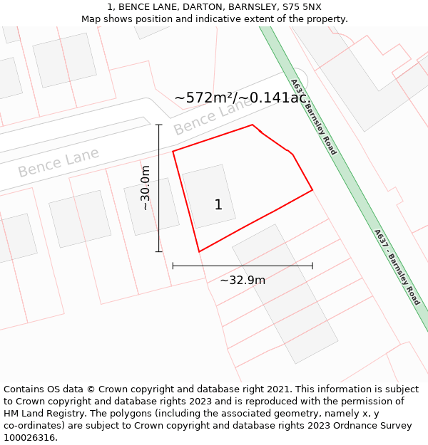 1, BENCE LANE, DARTON, BARNSLEY, S75 5NX: Plot and title map