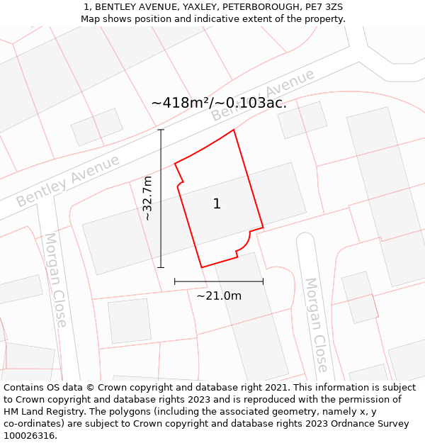 1, BENTLEY AVENUE, YAXLEY, PETERBOROUGH, PE7 3ZS: Plot and title map