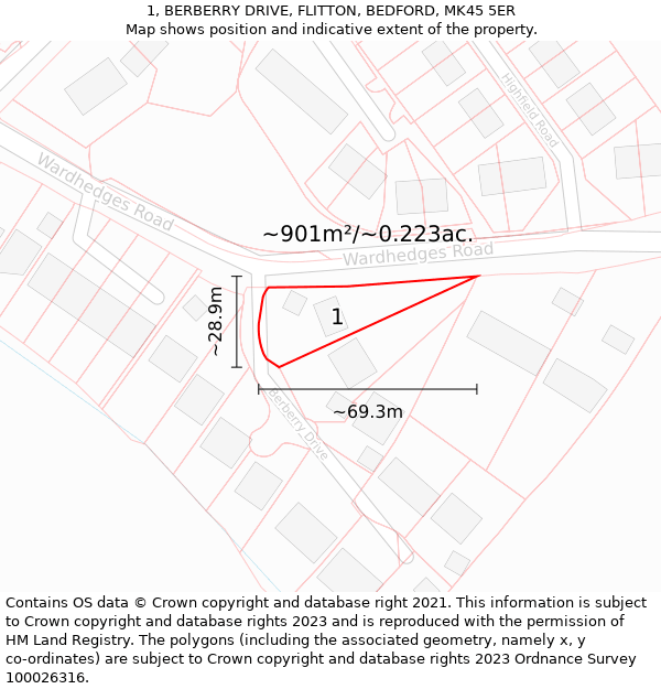 1, BERBERRY DRIVE, FLITTON, BEDFORD, MK45 5ER: Plot and title map