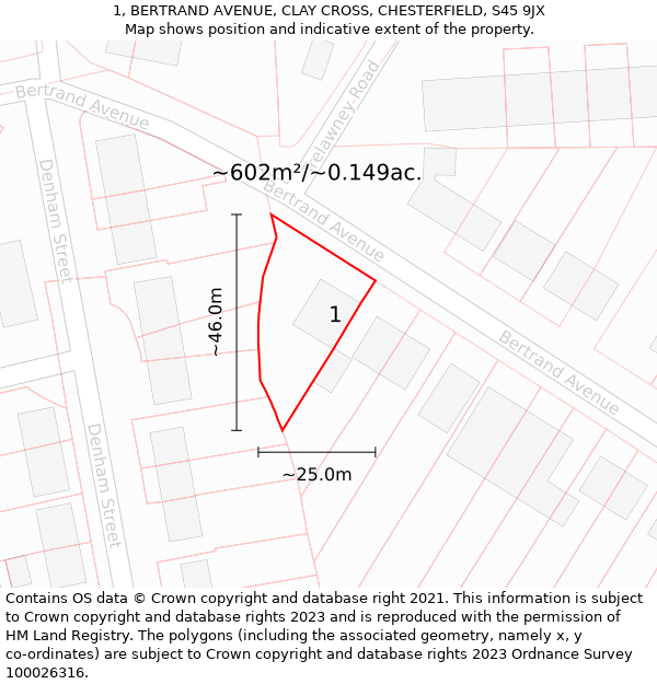 1, BERTRAND AVENUE, CLAY CROSS, CHESTERFIELD, S45 9JX: Plot and title map