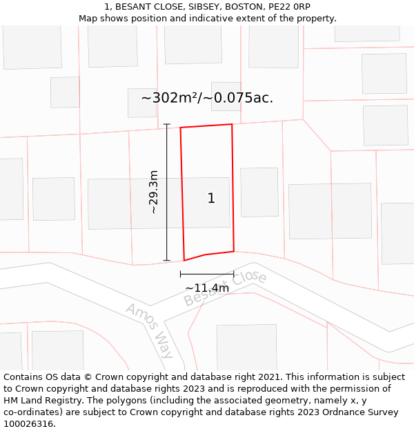 1, BESANT CLOSE, SIBSEY, BOSTON, PE22 0RP: Plot and title map