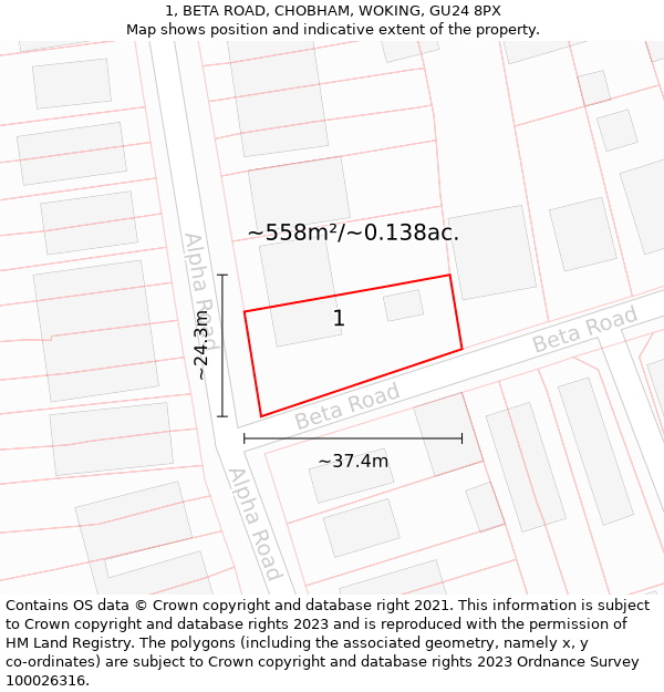 1, BETA ROAD, CHOBHAM, WOKING, GU24 8PX: Plot and title map