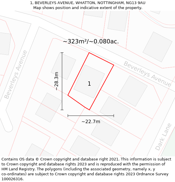 1, BEVERLEYS AVENUE, WHATTON, NOTTINGHAM, NG13 9AU: Plot and title map