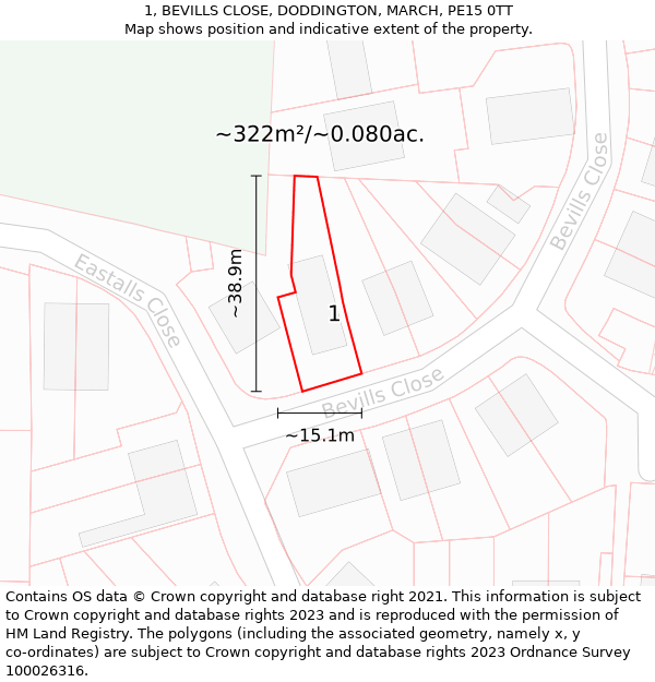 1, BEVILLS CLOSE, DODDINGTON, MARCH, PE15 0TT: Plot and title map