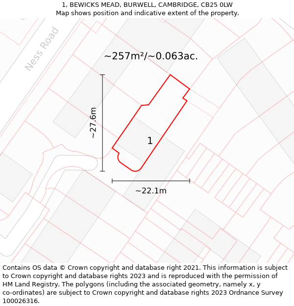 1, BEWICKS MEAD, BURWELL, CAMBRIDGE, CB25 0LW: Plot and title map