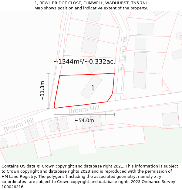 1, BEWL BRIDGE CLOSE, FLIMWELL, WADHURST, TN5 7NL: Plot and title map