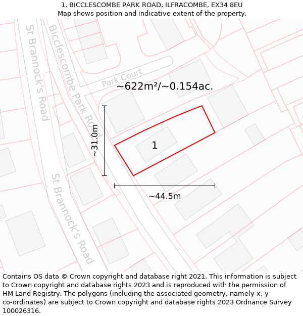 1, BICCLESCOMBE PARK ROAD, ILFRACOMBE, EX34 8EU: Plot and title map