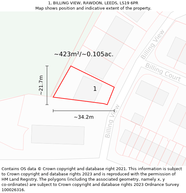 1, BILLING VIEW, RAWDON, LEEDS, LS19 6PR: Plot and title map