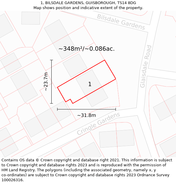 1, BILSDALE GARDENS, GUISBOROUGH, TS14 8DG: Plot and title map