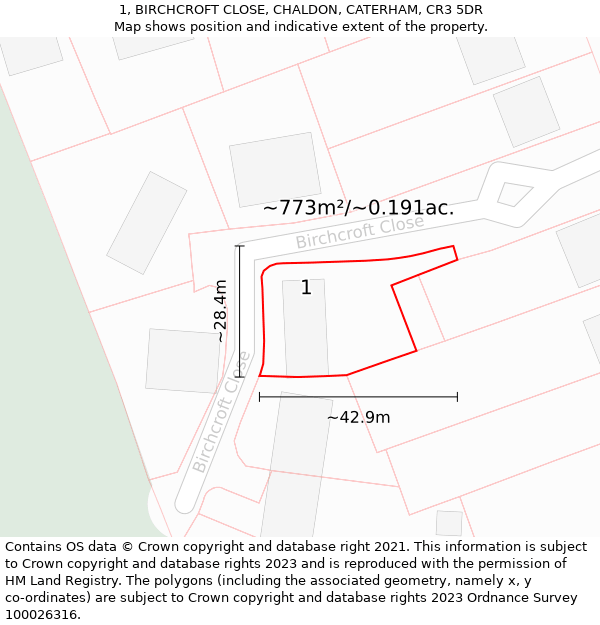 1, BIRCHCROFT CLOSE, CHALDON, CATERHAM, CR3 5DR: Plot and title map