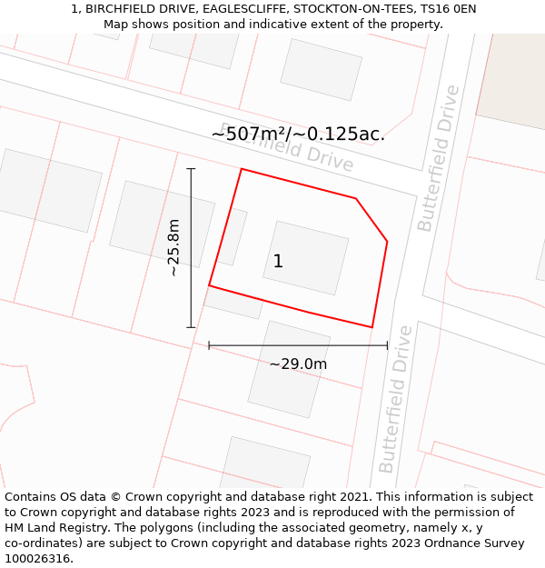 1, BIRCHFIELD DRIVE, EAGLESCLIFFE, STOCKTON-ON-TEES, TS16 0EN: Plot and title map