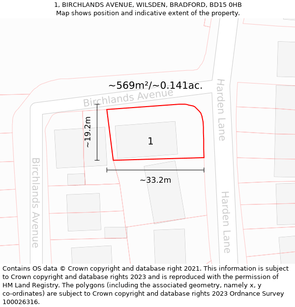 1, BIRCHLANDS AVENUE, WILSDEN, BRADFORD, BD15 0HB: Plot and title map