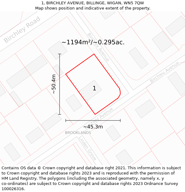 1, BIRCHLEY AVENUE, BILLINGE, WIGAN, WN5 7QW: Plot and title map