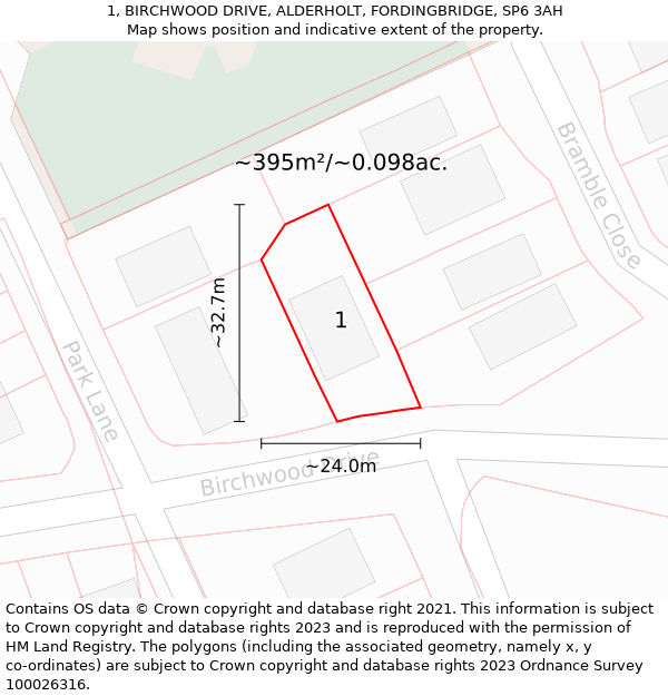 1, BIRCHWOOD DRIVE, ALDERHOLT, FORDINGBRIDGE, SP6 3AH: Plot and title map