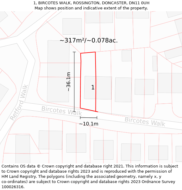 1, BIRCOTES WALK, ROSSINGTON, DONCASTER, DN11 0UH: Plot and title map