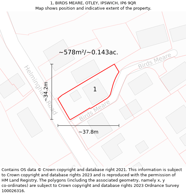 1, BIRDS MEARE, OTLEY, IPSWICH, IP6 9QR: Plot and title map