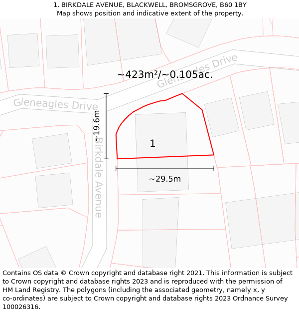 1, BIRKDALE AVENUE, BLACKWELL, BROMSGROVE, B60 1BY: Plot and title map