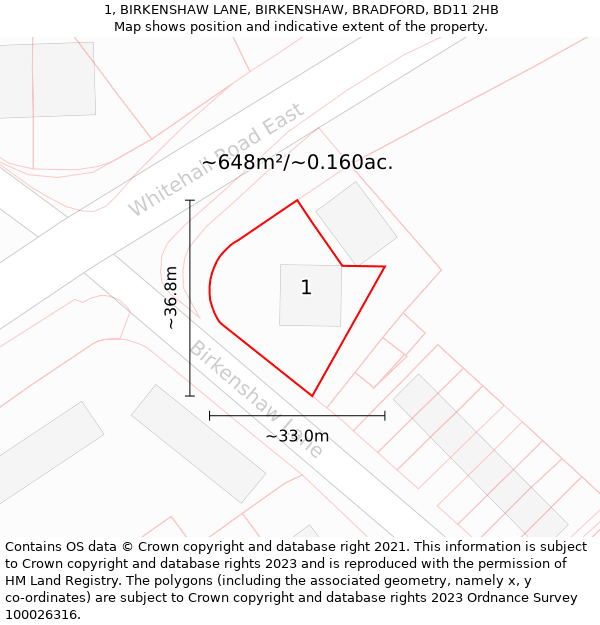 1, BIRKENSHAW LANE, BIRKENSHAW, BRADFORD, BD11 2HB: Plot and title map