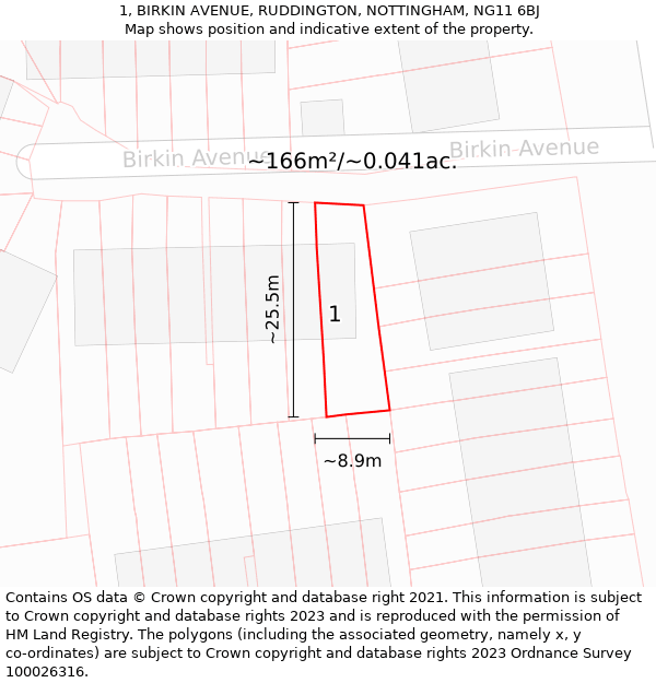 1, BIRKIN AVENUE, RUDDINGTON, NOTTINGHAM, NG11 6BJ: Plot and title map