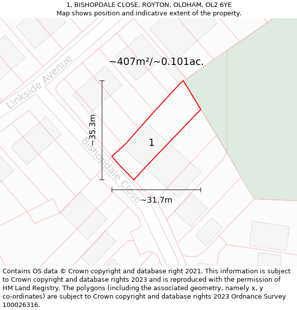 1, BISHOPDALE CLOSE, ROYTON, OLDHAM, OL2 6YE: Plot and title map