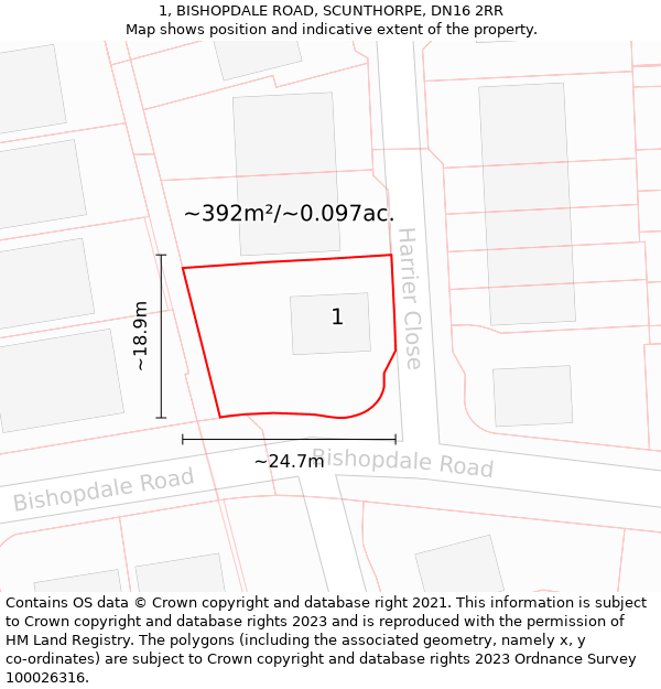 1, BISHOPDALE ROAD, SCUNTHORPE, DN16 2RR: Plot and title map