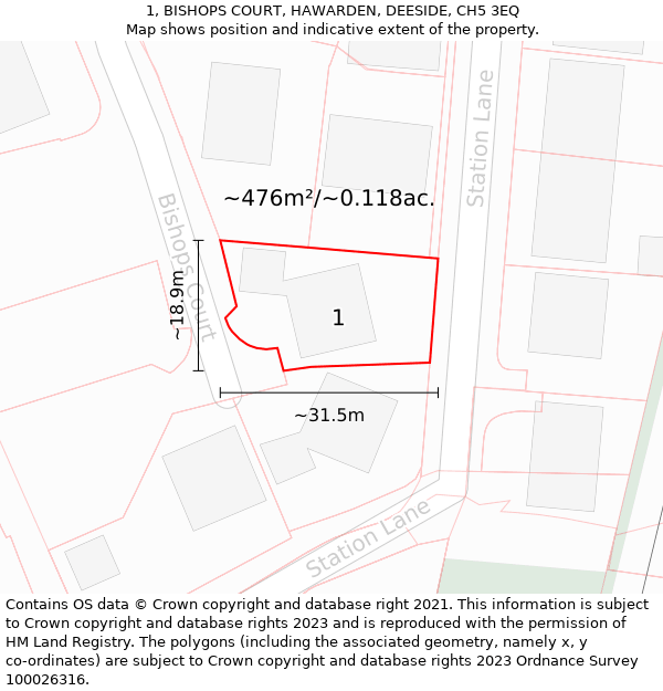 1, BISHOPS COURT, HAWARDEN, DEESIDE, CH5 3EQ: Plot and title map